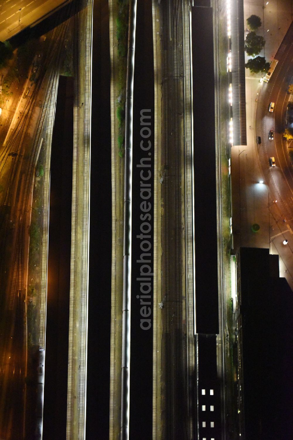 Berlin from the bird's eye view: Station building and track systems of the S-Bahn station Berlin - Lichtenberg in the district Lichtenberg in Berlin, Germany