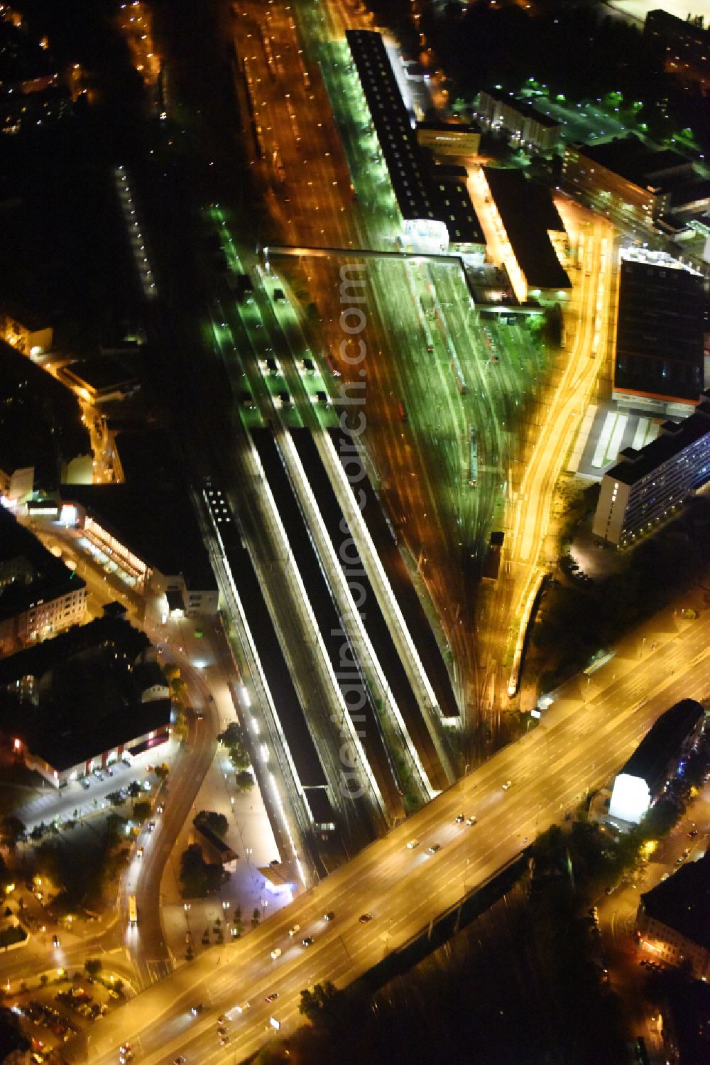 Berlin from the bird's eye view: Station building and track systems of the S-Bahn station Berlin - Lichtenberg in the district Lichtenberg in Berlin, Germany