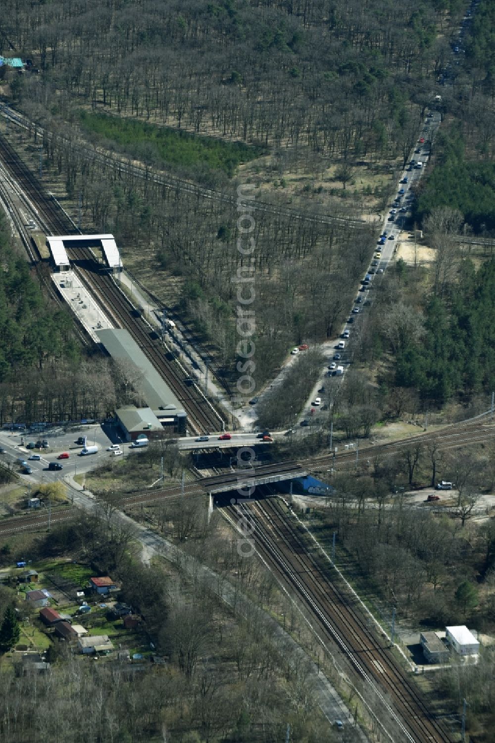 Berlin from above - Station building and track systems of the S-Bahn station Berlin-Wuhlheide in Berlin in Germany