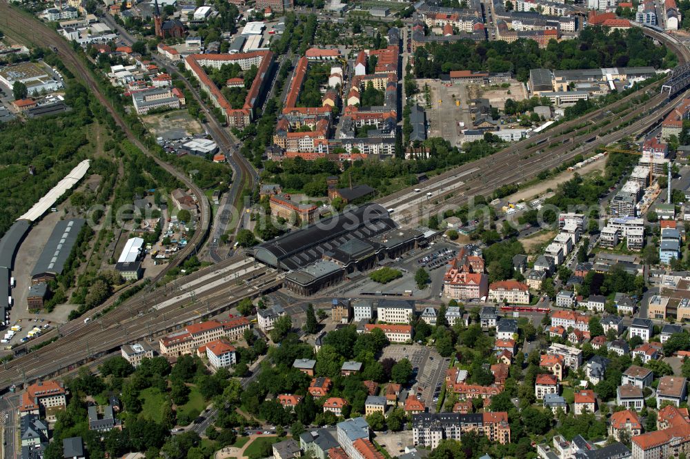 Dresden from above - station building and track systems of the S-Bahn station Dresden-Neustadt on place Schlesischer Platz in the district Neustadt in Dresden in the state Saxony, Germany