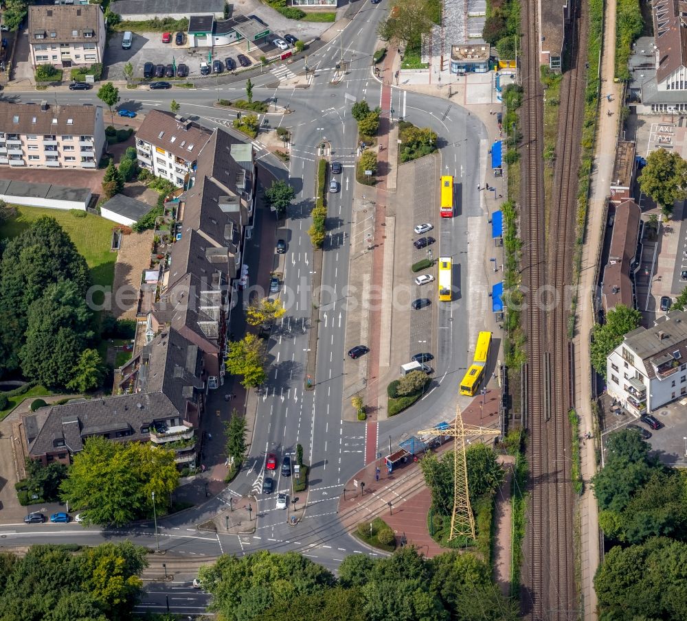 Essen from above - Station building and track systems of the S-Bahn station Essen-Borbeck in Essen in the state North Rhine-Westphalia, Germany