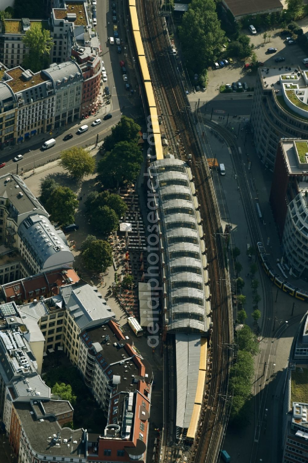 Berlin from above - Station building and track systems of the S-Bahn station Hackescher Markt in the district Mitte in Berlin, Germany