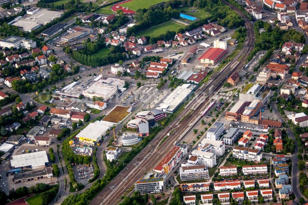 Aerial image Herrenberg - Station building and track systems of the S-Bahn station Herrenberg with UDG Herrenberg GmbH in Herrenberg in the state Baden-Wuerttemberg, Germany