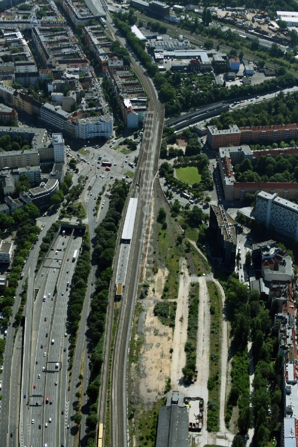 Berlin from above - Station building and track systems of the S-Bahn station Innsbrucker Platz in Berlin