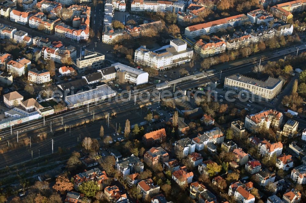 Berlin from the bird's eye view: Station building and track systems of the S-Bahn station Karlshorst in Berlin