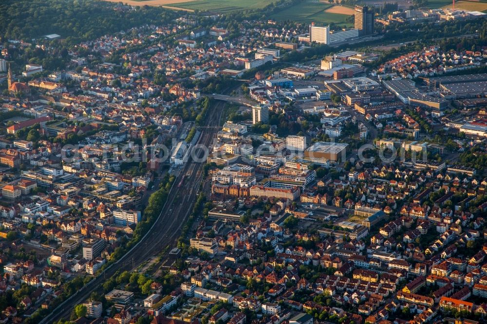 Aerial photograph Ludwigsburg - Station building and track systems of the S-Bahn station on MHP-Arena in Ludwigsburg in the state Baden-Wuerttemberg, Germany