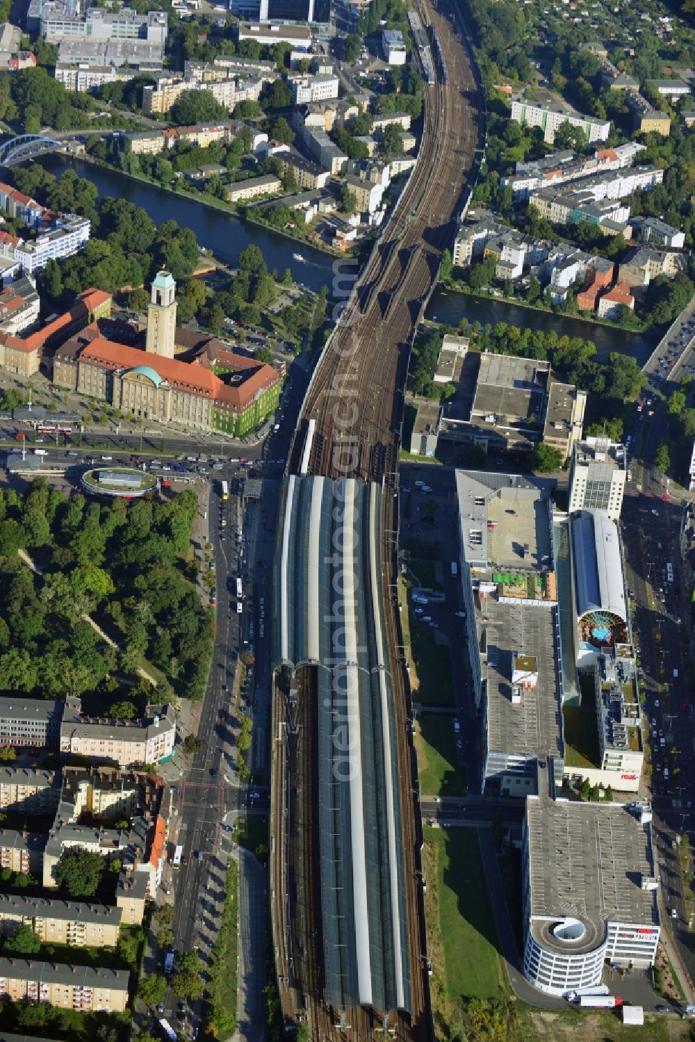 Berlin from above - Station building and track systems of the S-Bahn station in the district Spandau in Berlin, Germany