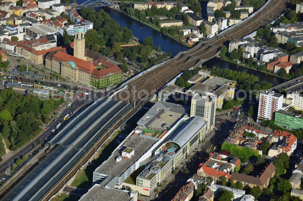 Berlin from the bird's eye view: Station building and track systems of the S-Bahn station in the district Spandau in Berlin, Germany