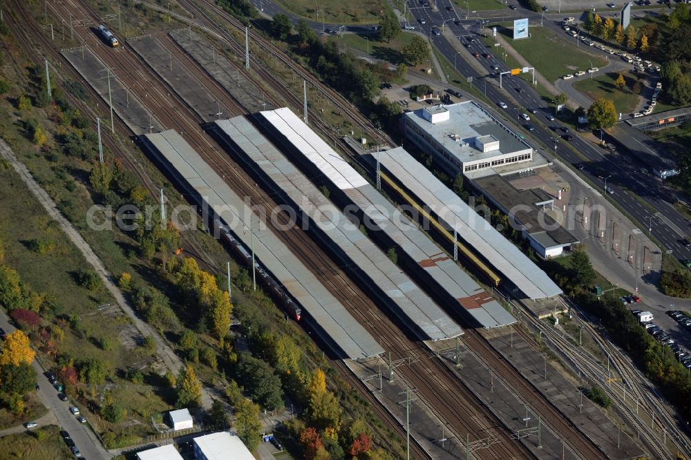 Schönefeld from above - Station building and track systems of the S-Bahn station in Schoenefeld in the state Brandenburg