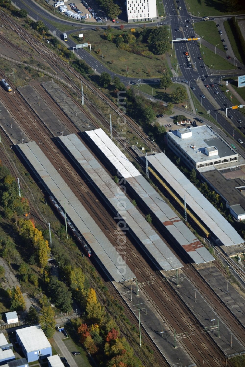 Aerial image Schönefeld - Station building and track systems of the S-Bahn station in Schoenefeld in the state Brandenburg