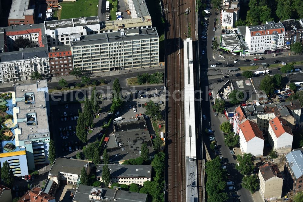 Berlin from above - Station building and track systems of the S-Bahn station Wedding in Berlin, Germany