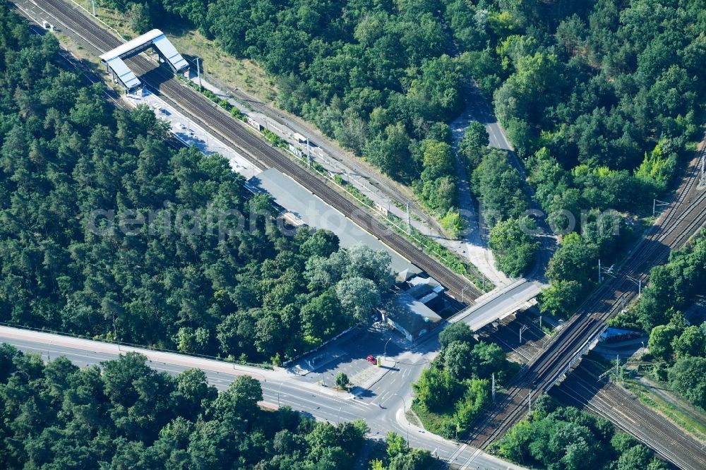 Berlin from the bird's eye view: Station building and track systems of the S-Bahn station Wuhlheide in the district Koepenick in Berlin, Germany