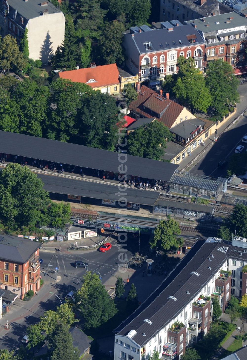 Berlin from the bird's eye view: Station building and track systems of the S-Bahn station in Zehlendorf in Berlin in Germany