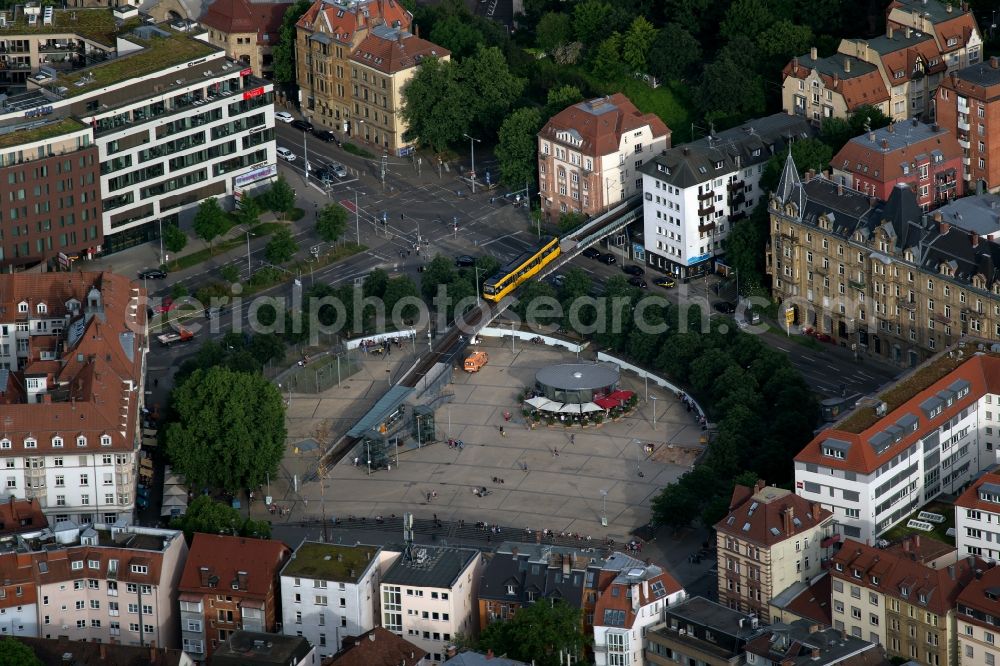 Aerial photograph Stuttgart - Station building and track systems of Metro subway station Marienplatz with Zahnradbahn in the district Karlshoehe in Stuttgart in the state Baden-Wurttemberg, Germany