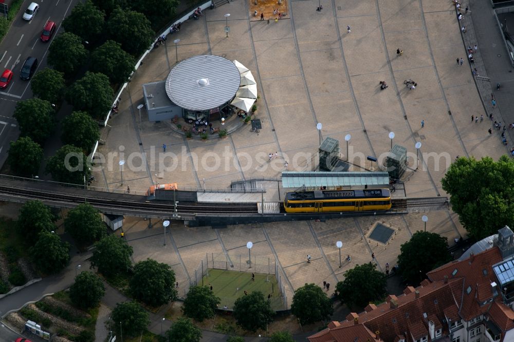 Stuttgart from above - Station building and track systems of Metro subway station Marienplatz with Zahnradbahn in the district Karlshoehe in Stuttgart in the state Baden-Wurttemberg, Germany