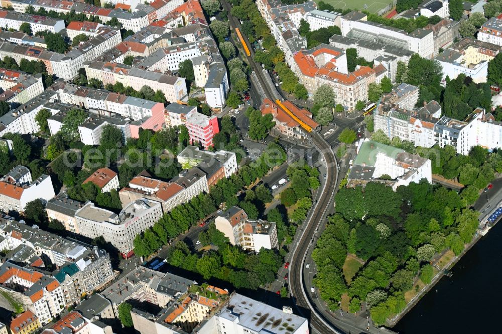 Berlin from above - Station building and track systems of Metro subway station Schlesisches Tor along the Skalitzer Strasse - Oberbaumstrasse in the district Kreuzberg in Berlin, Germany