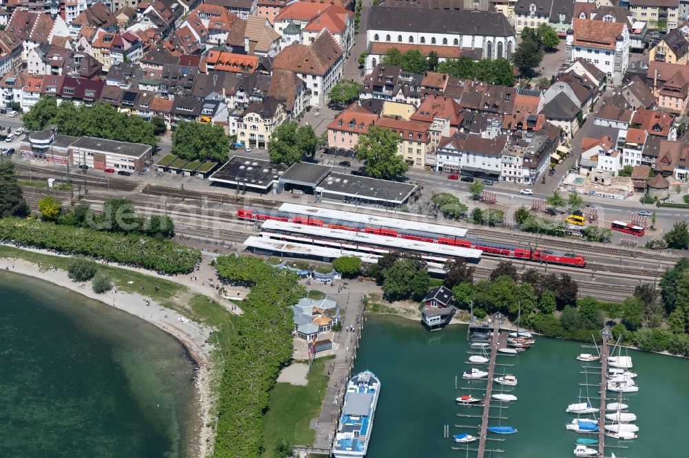 Radolfzell am Bodensee from above - Train station railway building in Radolfzell am Bodensee in the state Baden-Wuerttemberg, Germany