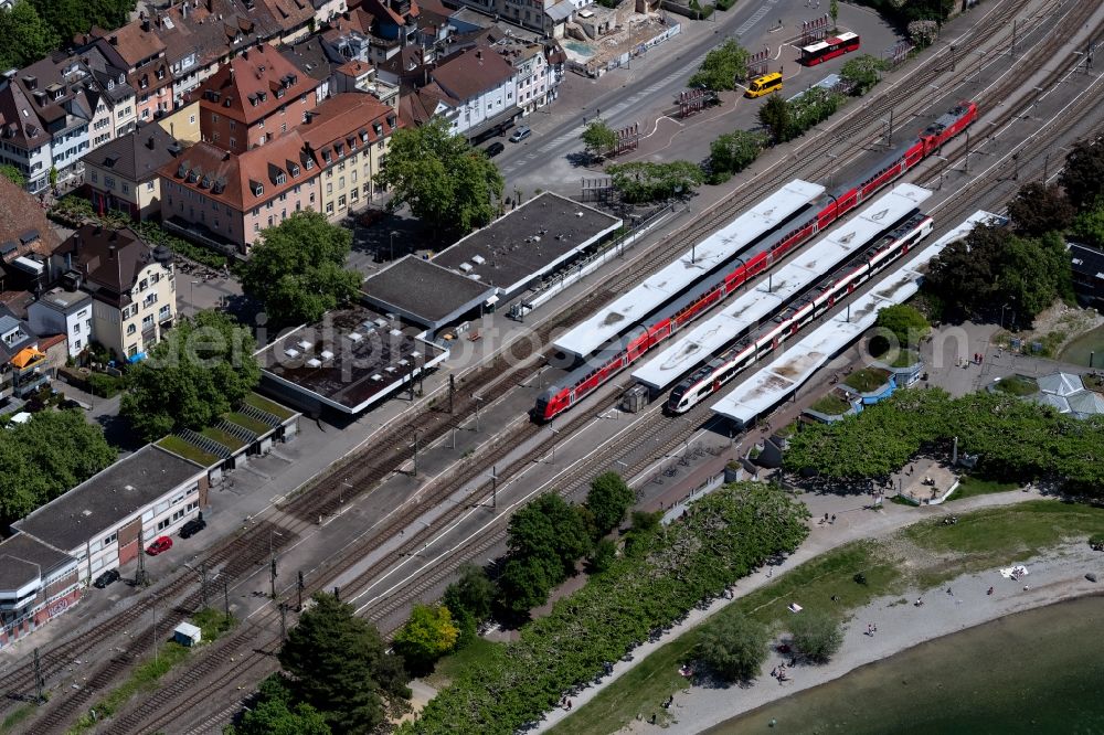 Radolfzell am Bodensee from above - Train station railway building in Radolfzell am Bodensee in the state Baden-Wuerttemberg, Germany