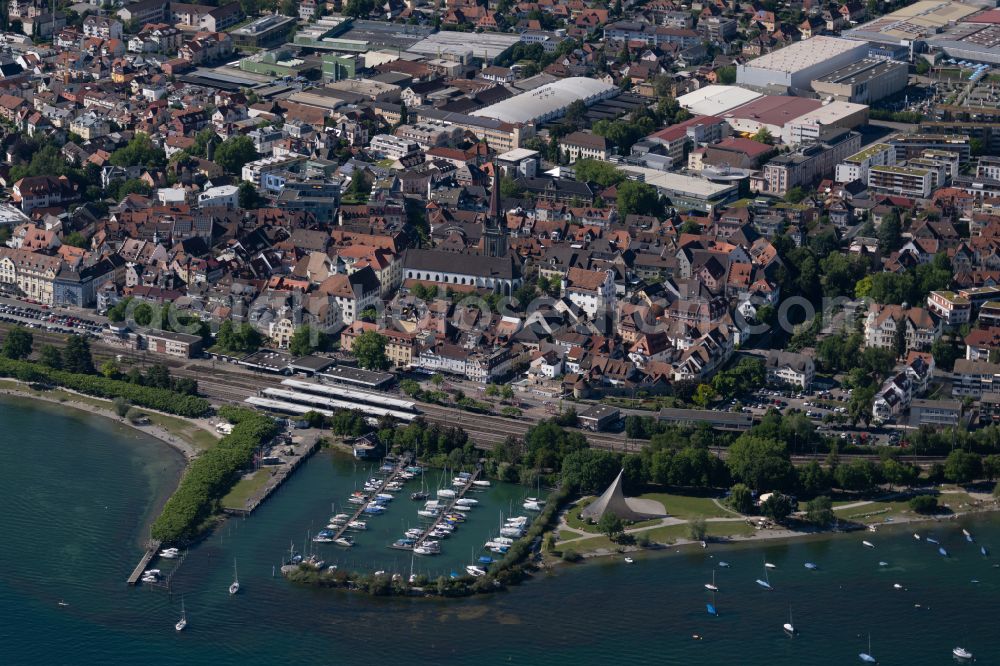 Radolfzell am Bodensee from above - Train station railway building in Radolfzell am Bodensee in the state Baden-Wuerttemberg, Germany