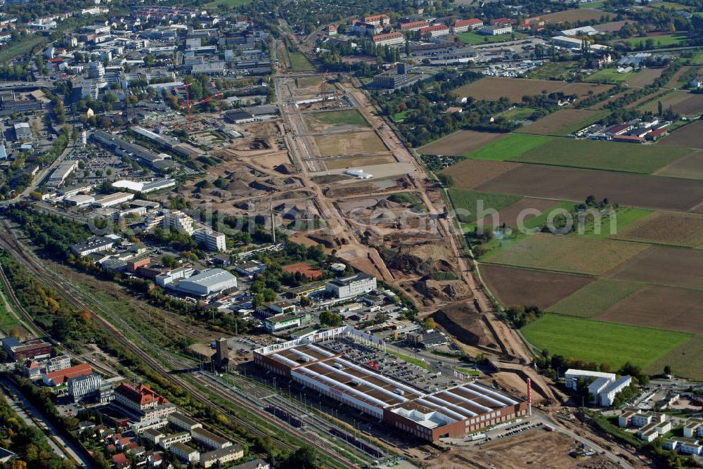 Aerial photograph Heidelberg - Der in Planung befindliche neue Stadtteil Bahnstadt auf dem Gelände des ehemaligen Güterbahnhofs. Das Areal der Bahnstadt beträgt 116 Hektar und erstreckt sich südwestlich des Hauptbahnhofes auf dem Gebiet der Stadtteile Weststadt und Wieblingen. The planned district Bahnstadt on the grounds of the former goods station.