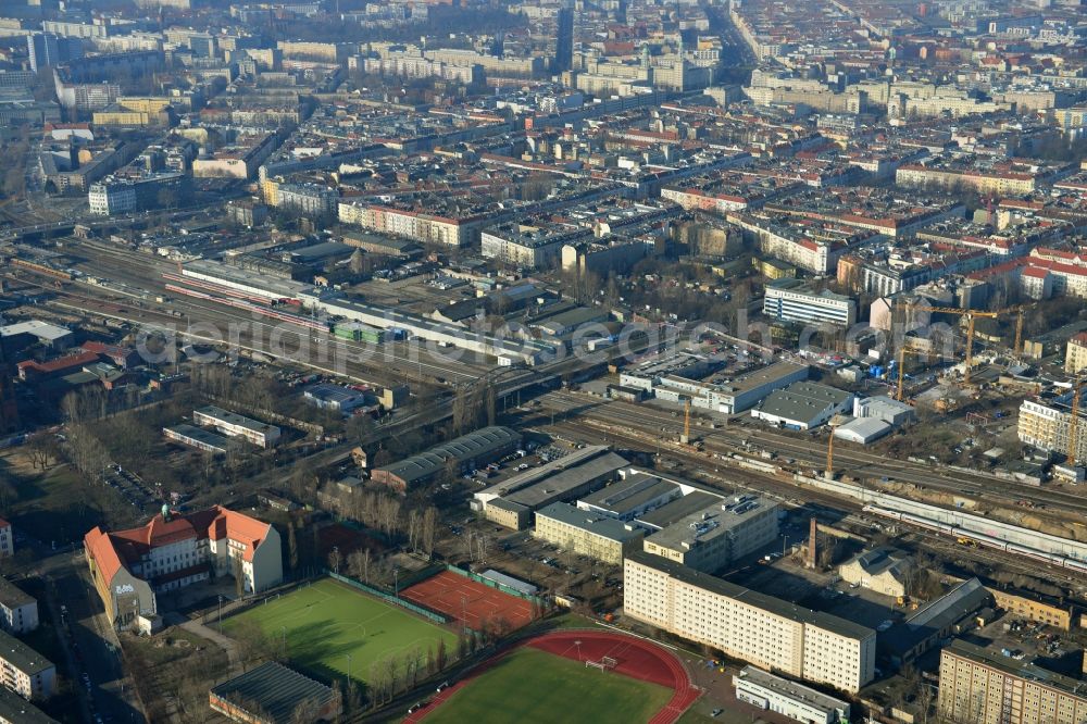 Berlin from above - Railway line between Berlin Ostkreuz and Berlin Warschauer Strasse. In the lower part of the image, the Lasker sports complex can be seen