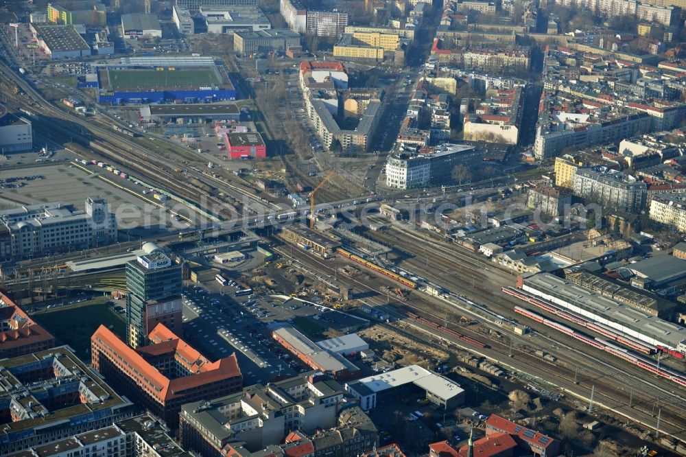 Berlin from above - Railway line between Berlin Ostkreuz and Berlin Warschauer Strasse. In the Background of the picture the building of the METRO Berlin can be seen