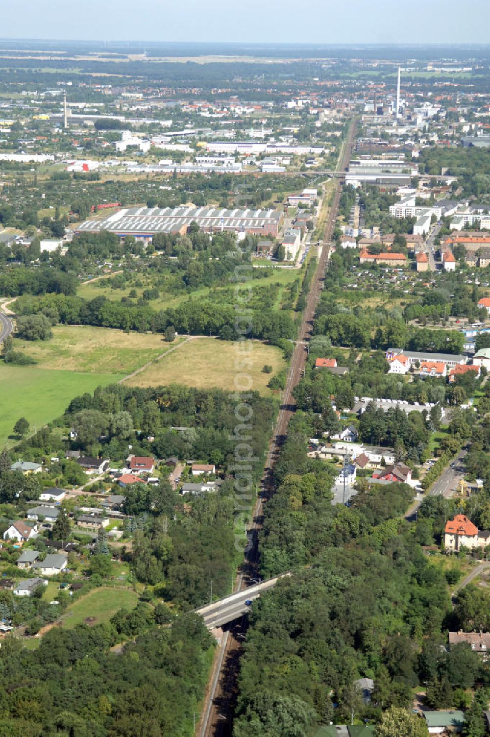 Dessau-Roßlau from the bird's eye view: Blick auf die Bahnstrecke von Dessau-Roßlau nach Bitterfeld-Wolfen. Bis zum 30. Juni 2007 war Wolfen eine eigenständige Stadt. Dessau-Roßlau und Wolfen sind ca. 25 km voneinan der entfernt.