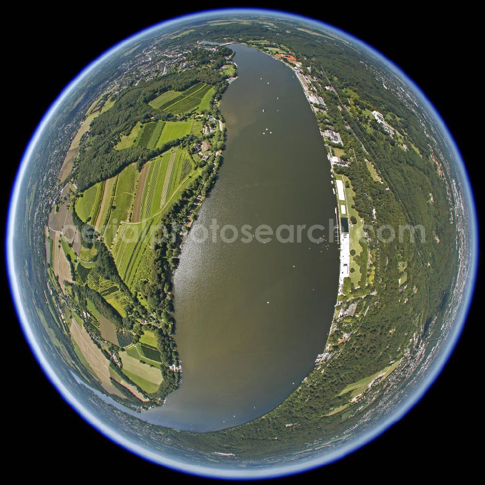 Essen from the bird's eye view: Fish eye look at the Der Baldeneylake in Esen. The lake is the tallest of six barrier lakes of the Ruhr river in the south of Essen