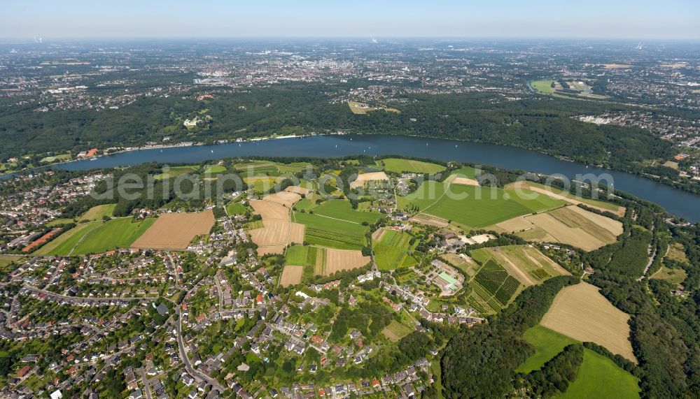 Essen from above - View of the Baldeney Lake in Essen in the state North Rhine-Westphalia. The Baldeney Lake is the largest of the six Ruhr artificial lakes. The Lake has been closed to bathing for decades