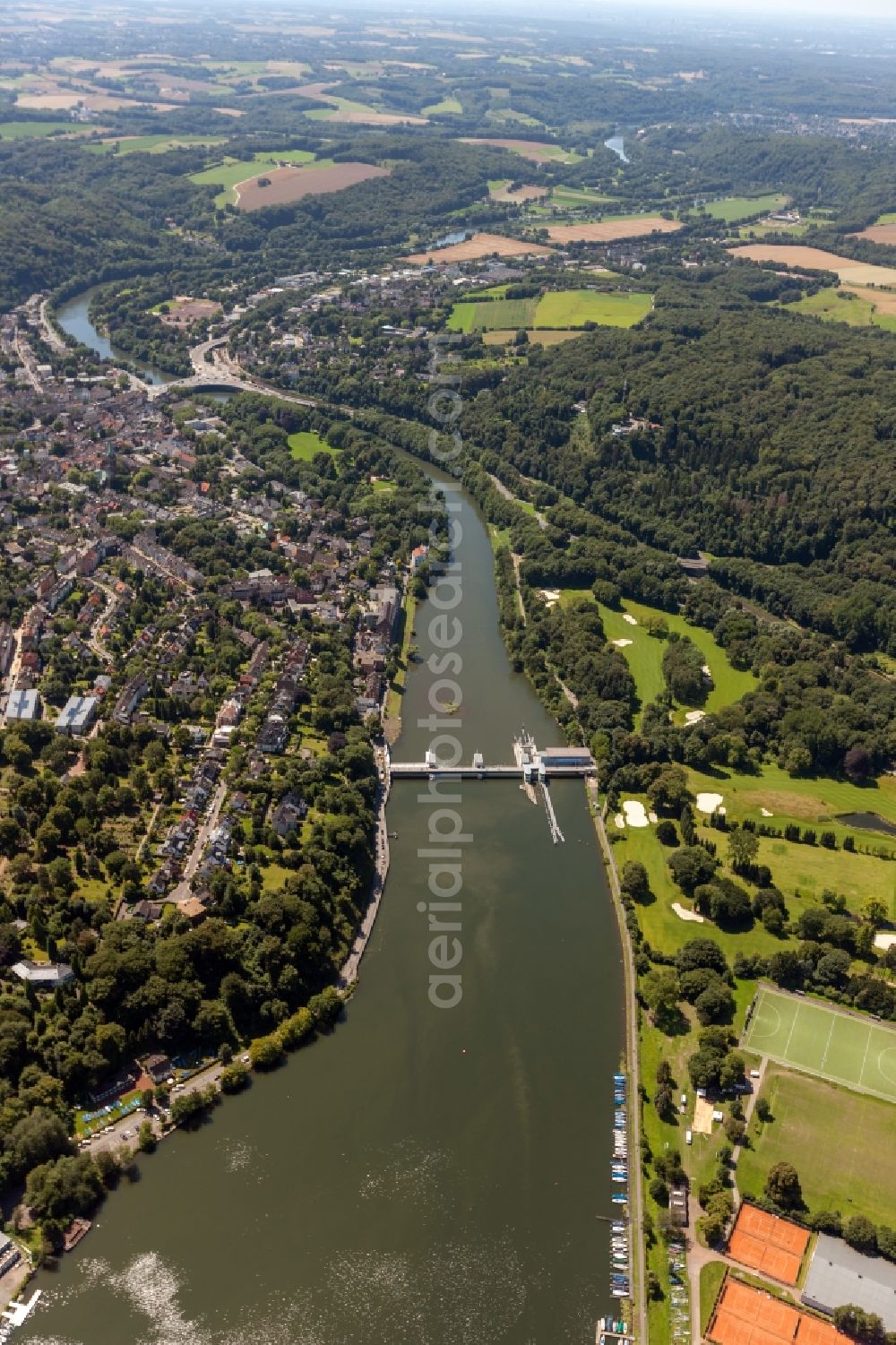 Essen from the bird's eye view: View of the Baldeney Lake in Essen in the state North Rhine-Westphalia. The Baldeney Lake is the largest of the six Ruhr artificial lakes. The Lake has been closed to bathing for decades