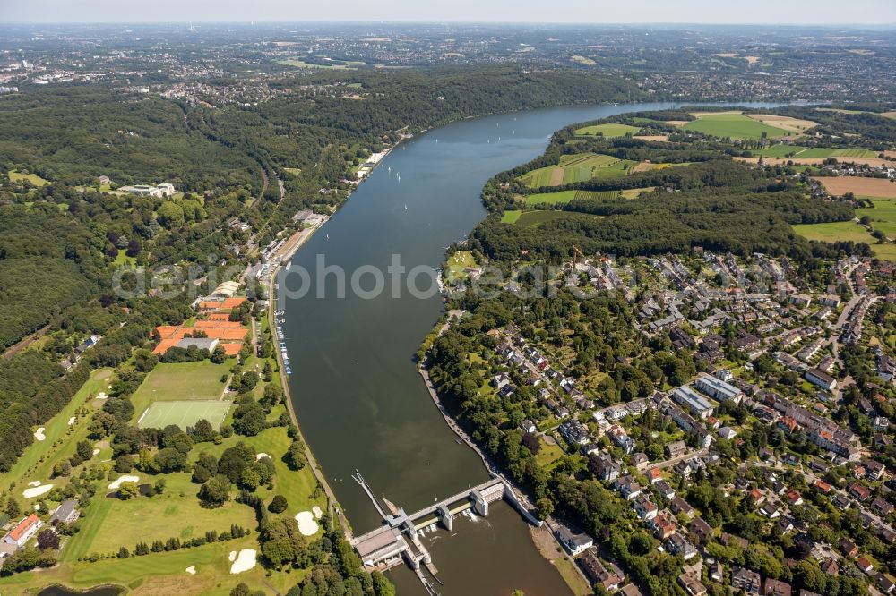 Aerial photograph Essen - View of the Baldeney Lake in Essen in the state North Rhine-Westphalia. The Baldeney Lake is the largest of the six Ruhr artificial lakes. The Lake has been closed to bathing for decades