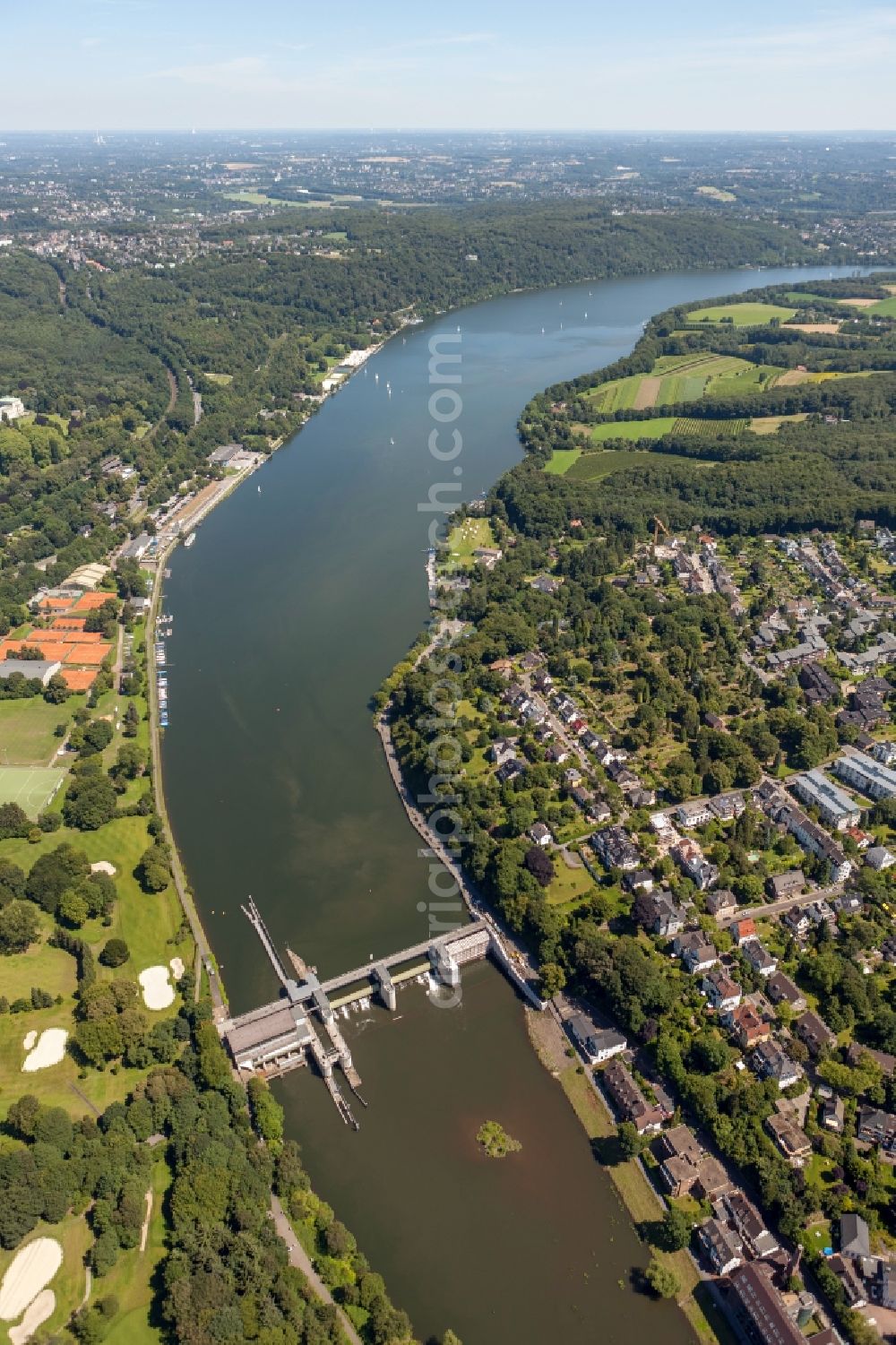 Essen from above - View of the Baldeney Lake in Essen in the state North Rhine-Westphalia. The Baldeney Lake is the largest of the six Ruhr artificial lakes. The Lake has been closed to bathing for decades