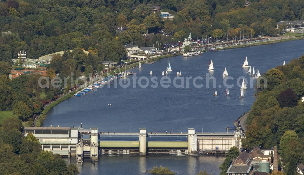 Essen from the bird's eye view: View of the Baldeney Lake in Essen in the state North Rhine-Westphalia. The Baldeney Lake is the largest of the six Ruhr artificial lakes. The Lake has been closed to bathing for decades