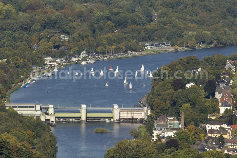 Essen from the bird's eye view: View of the Baldeney Lake in Essen in the state North Rhine-Westphalia. The Baldeney Lake is the largest of the six Ruhr artificial lakes. The Lake has been closed to bathing for decades