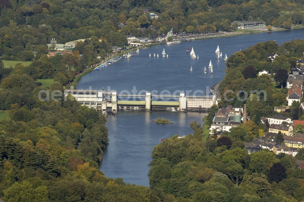 Aerial image Essen - View of the Baldeney Lake in Essen in the state North Rhine-Westphalia. The Baldeney Lake is the largest of the six Ruhr artificial lakes. The Lake has been closed to bathing for decades