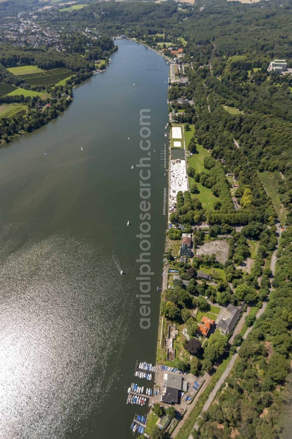 Essen from the bird's eye view: View of the Baldeney Lake in Essen in the state North Rhine-Westphalia. The Baldeney Lake is the largest of the six Ruhr artificial lakes. The Lake has been closed to bathing for decades