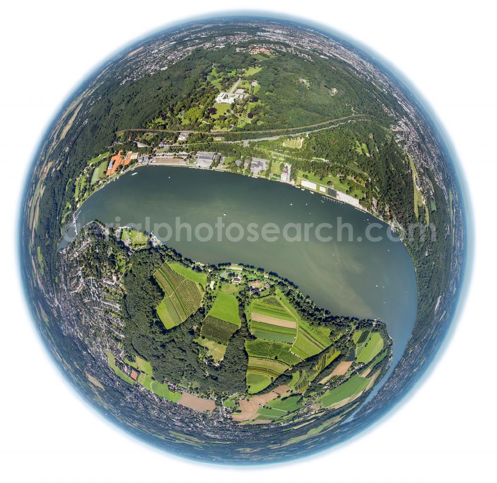 Aerial image Essen - Fisheye - view of the Baldeney Lake in Essen in the state North Rhine-Westphalia. The Baldeney Lake is the largest of the six Ruhr artificial lakes. The Lake has been closed to bathing for decades