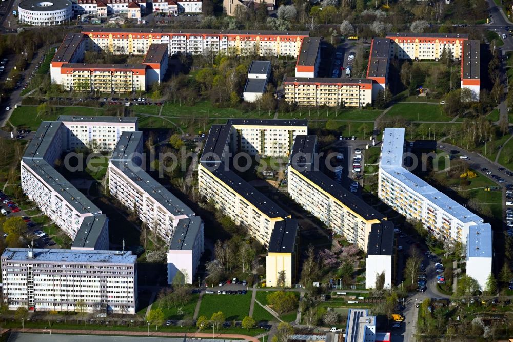 Aerial image Leipzig - Balconies and windows Facade of the high-rise residential development in the district Gruenau in Leipzig in the state Saxony, Germany