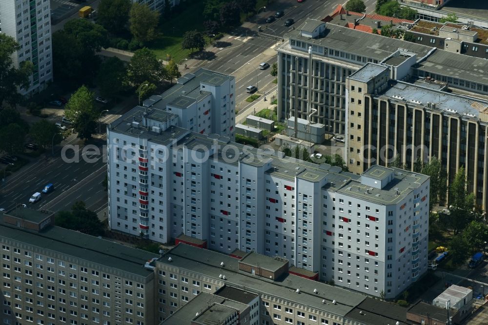 Aerial image Berlin - Balconies and windows Facade of the residential development on Ruschestrasse in the district Lichtenberg in Berlin, Germany