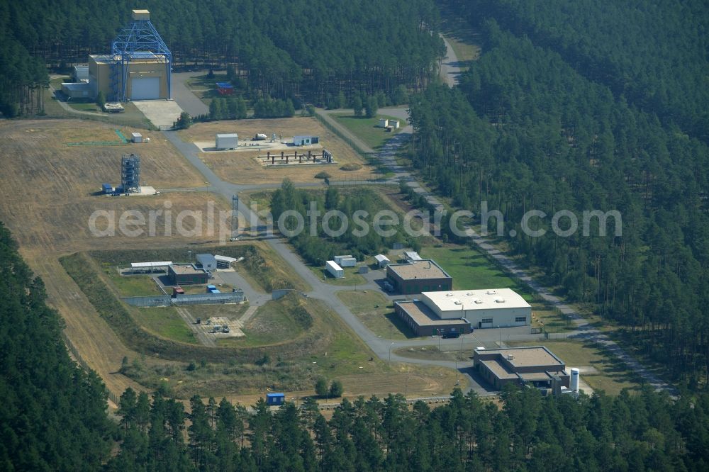 Horstwalde from above - BAM test compound for technical safety in Horstwalde in the state of Brandenburg. The federal institute for materials research and testing owns a large test facility in a forest in the county district of Teltow-Flaeming