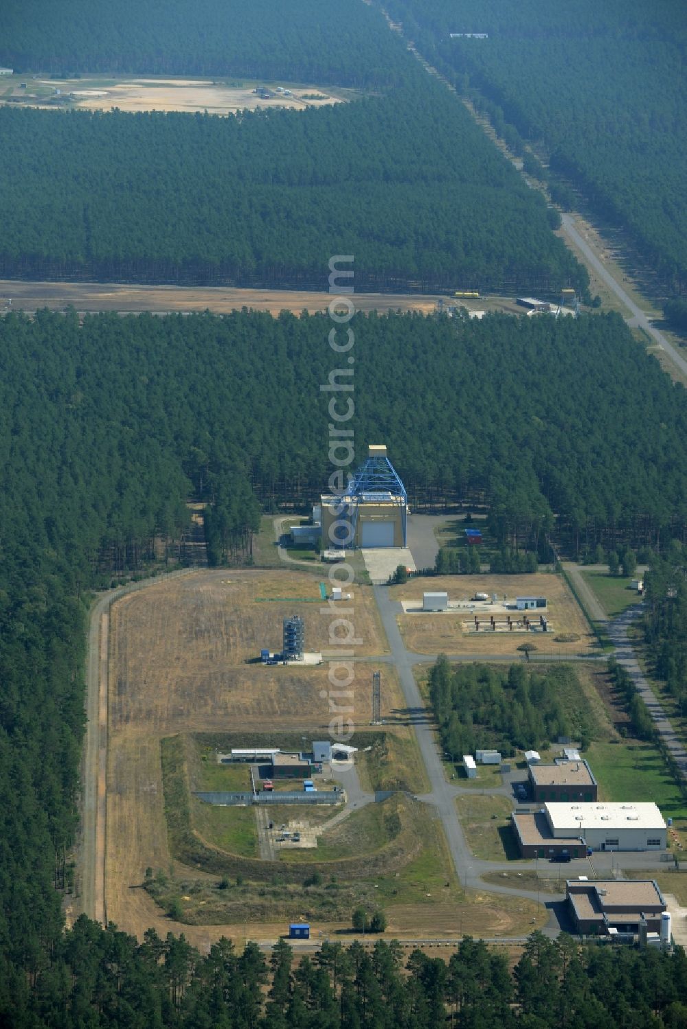 Horstwalde from the bird's eye view: BAM test compound for technical safety in Horstwalde in the state of Brandenburg. The federal institute for materials research and testing owns a large test facility in a forest in the county district of Teltow-Flaeming