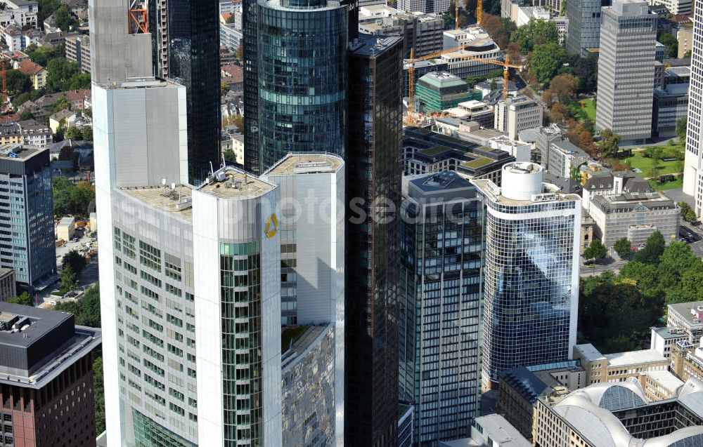 Aerial image Frankfurt am Main - Bankenviertel mit den Hochhäusern / Bürogebäuden der Commerzbank, der HELEBA, der Deutschen Bank und der Sparkasse in Frankfurt am Main in Hessen. Financial district with highrise / office buildings of the banks Commerzbank, HELEBA, Deutsche Bank and the Sparkasse in Frankfurt on the Main in Hesse.