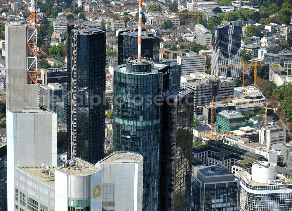 Aerial photograph Frankfurt am Main - Bankenviertel mit den Hochhäusern / Bürogebäuden der Commerzbank, der HELEBA, der Deutschen Bank und der Sparkasse in Frankfurt am Main in Hessen. Financial district with highrise / office buildings of the banks Commerzbank, HELEBA, Deutsche Bank and the Sparkasse in Frankfurt on the Main in Hesse.