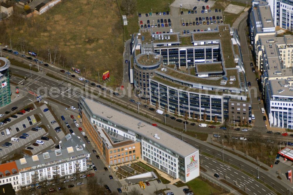 Leipzig from the bird's eye view: Office and administration buildings of the insurance company BARMER Krankenkasse on Ludwig-Erhard-Strasse - Lange Strasse in the district Mitte in Leipzig in the state Saxony, Germany