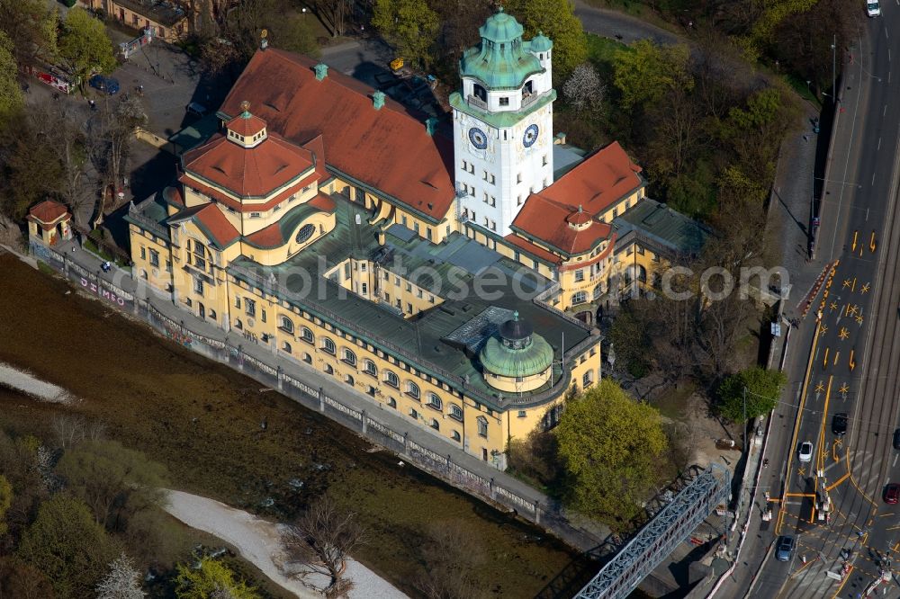 München from above - Baroque indoor pool Mueller Volksbad at the Isar in Munich in the state Bavaria. The Muller's Public Baths is a neo-Baroque Art Nouveau building designed by Carl Hocheder