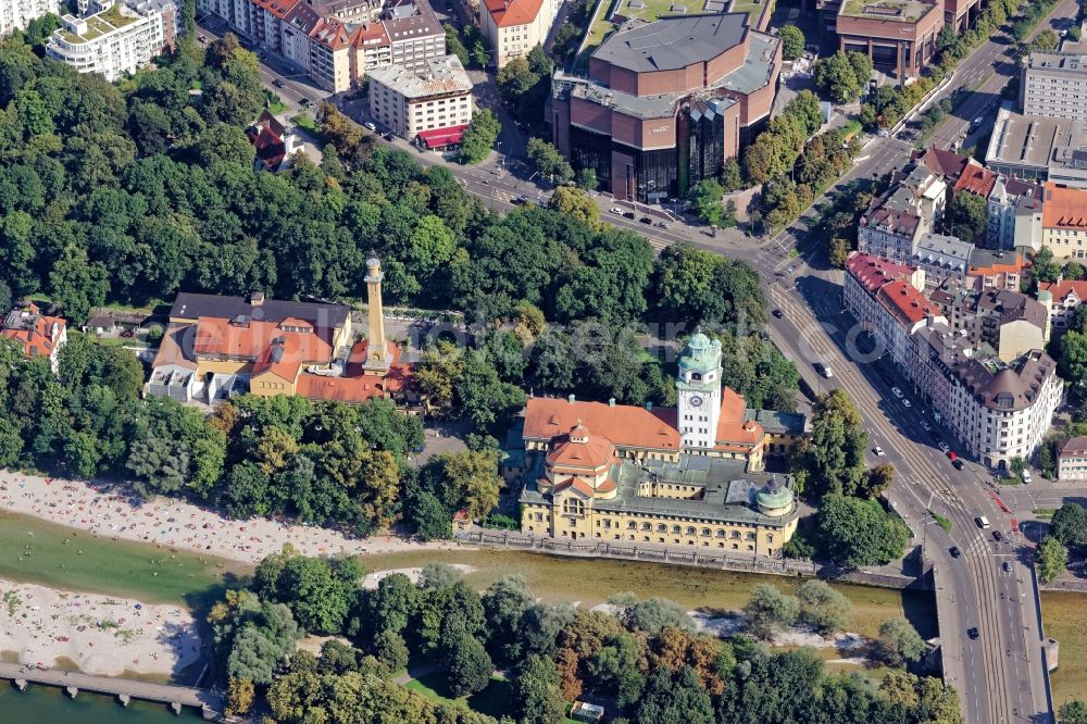 Aerial image München - Baroque indoor pool Mueller Volksbad and Muffatwerk near river Isar in Munich Haidhausen in the state Bavaria. The Muller's Public Baths is a neo-Baroque Art Nouveau building designed by Carl Hocheder. The Muffatwerk is a cultural center in a former power station and also known as Muffathalle