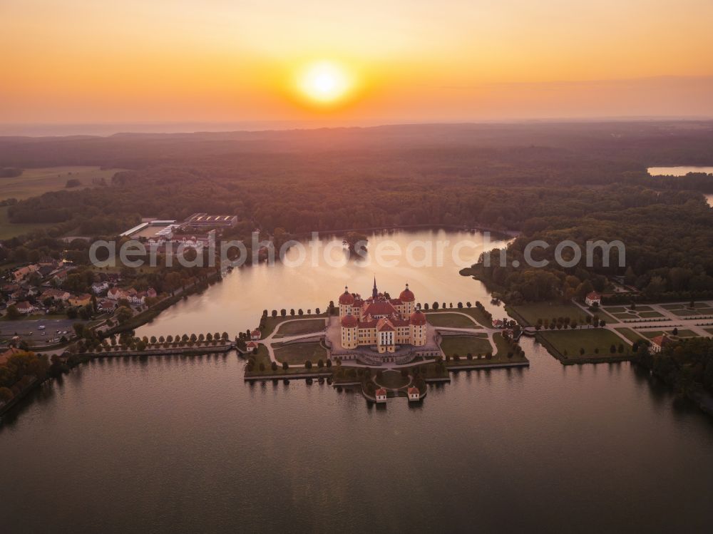 Aerial photograph Moritzburg - Sunset over the baroque castle and castle park in Moritzburg in the state of Saxony, Germany