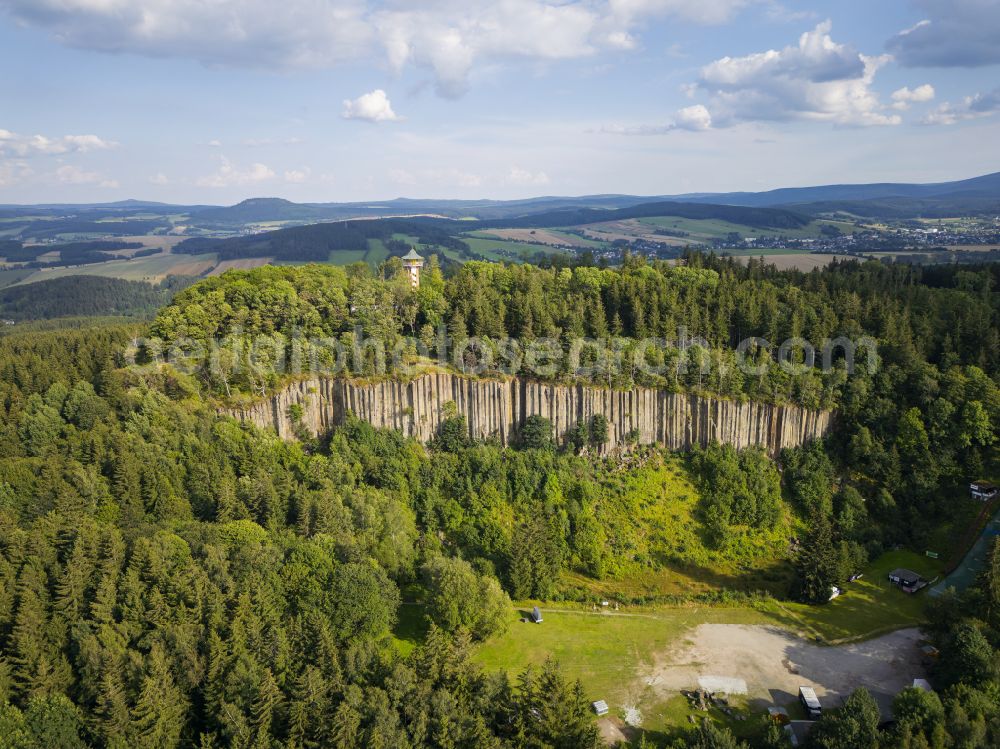 Scheibenberg from the bird's eye view: Basalt columns on the Scheibenberg with the observation tower in Scheibenberg in the federal state of Saxony, Germany