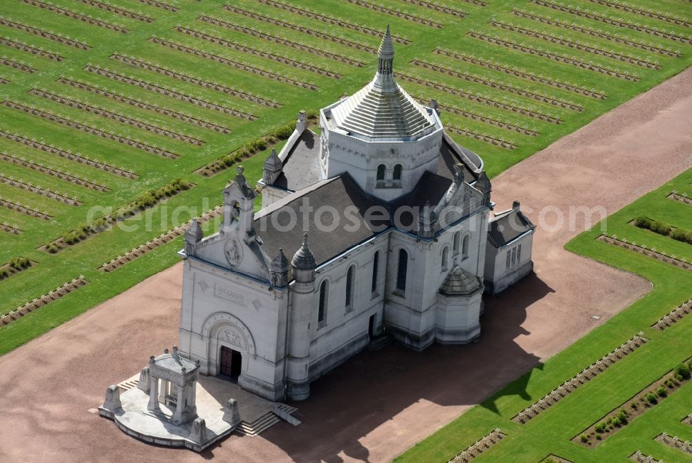 Aerial image Ablain-Saint-Nazaire - Basilica church on the premises of the cemetery Notre Dame de Lorette in Ablain-Saint-Nazaire in Nord-Pas-de-Calais Picardy, France. The cemetery is the world's largest French military cemetery