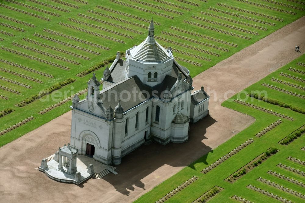 Aerial image Ablain-Saint-Nazaire - Basilica church on the premises of the cemetery Notre Dame de Lorette in Ablain-Saint-Nazaire in Nord-Pas-de-Calais Picardy, France. The cemetery is the world's largest French military cemetery